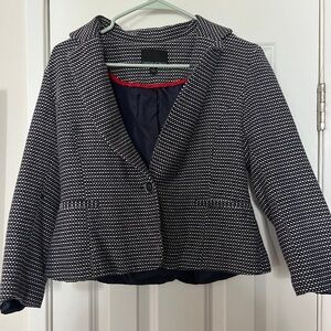 Cynthia Rowley Navy Blue White Tweed Preppy Blazer Cropped Jacket Medium M
